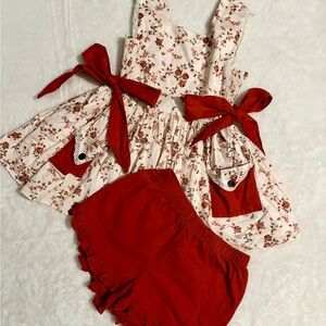 Floral Top and Shorts Set with Red Accents